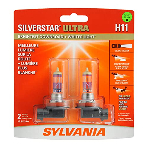 SYLVANIA - H11 SilverStar Ultra - High Performance Halogen Headlight Bulb, High Beam, Low Beam and Fog Replacement Bulb, Brightest Downroad with Whiter Light, Tri-Band Technology (Contains 2 Bulbs)