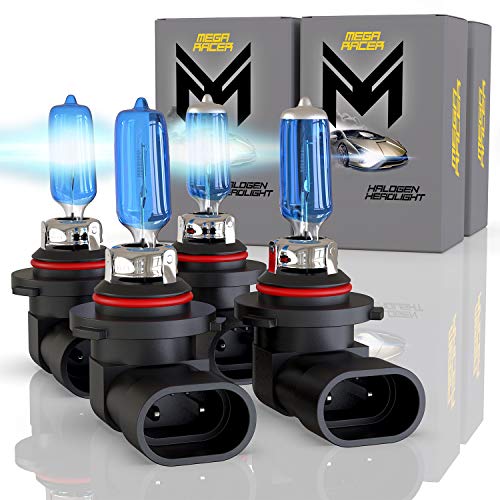 Mega Racer 9005/HB3 and 9006/HB4 Halogen Headlight Bulb Combo for Low Beam and High Beam - Super White 5000K 12V, Xenon, IP68 Waterproof Rating, Automotive Replacement Bulbs - Pack of 4
